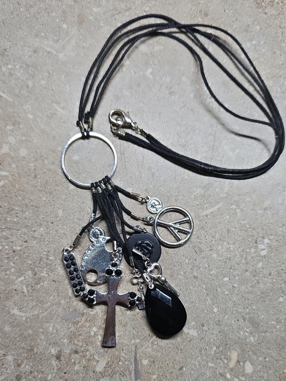 Black Multi-Charm Pendant Necklace with Cross and Peace Sign